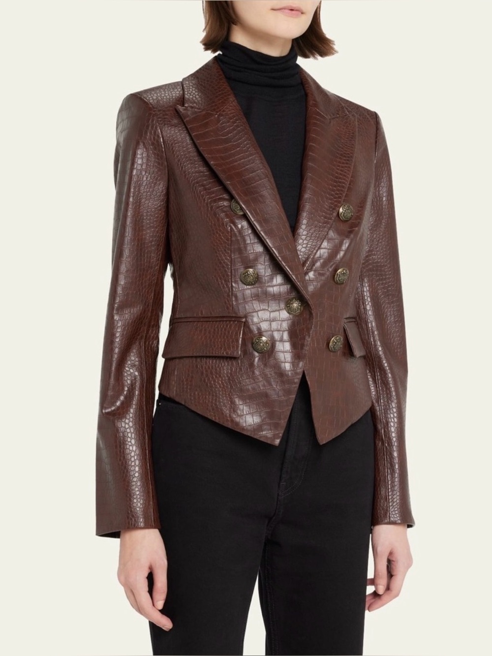 Veronica Beard Brown Croc-Embossed Double-Breasted Leather Blazer